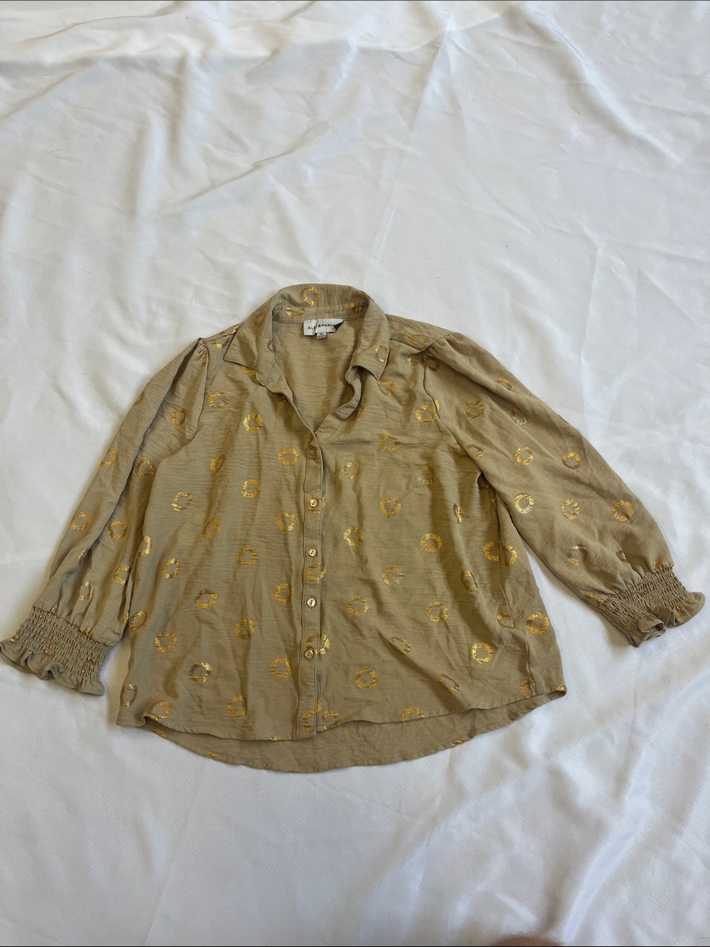 Casual Beige Button-Front Blouse with Gold Accents